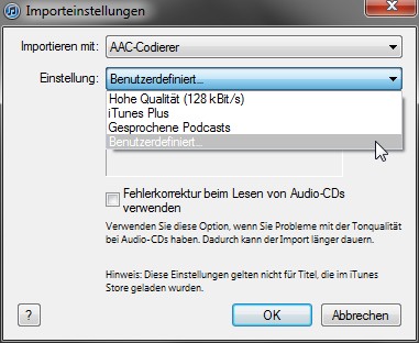 iTunes-Einstellungen-Importeinstellungen-Benutzerdefiniert