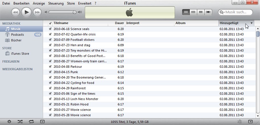 iTunes-Hauptfenster-Musik-Hinzugefuegt